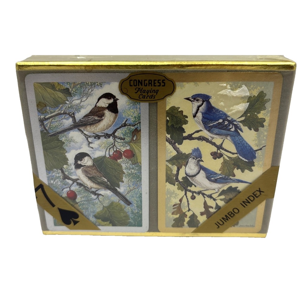 New in Box Vtg Congress Playing Cards Backyard Birds Celutone Double Deck USA